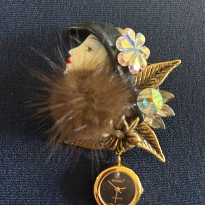 Vintage Art Deco brooch / pin with hanging Watch- Woman in Mink